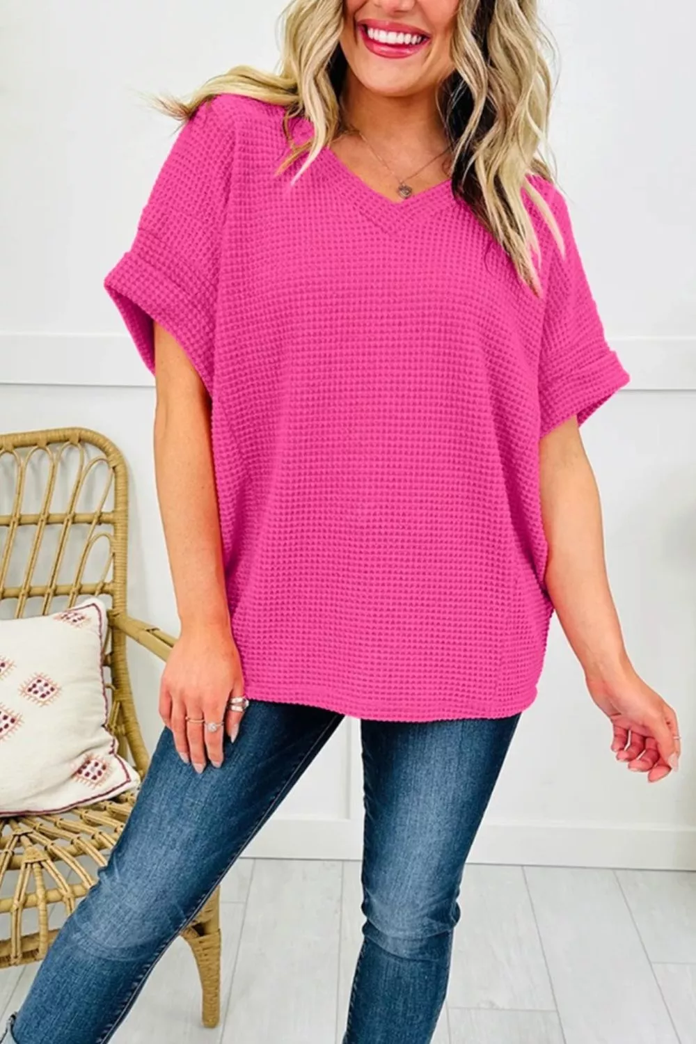 Textured Waffle Knit V-Neck T-Shirt - Image 3
