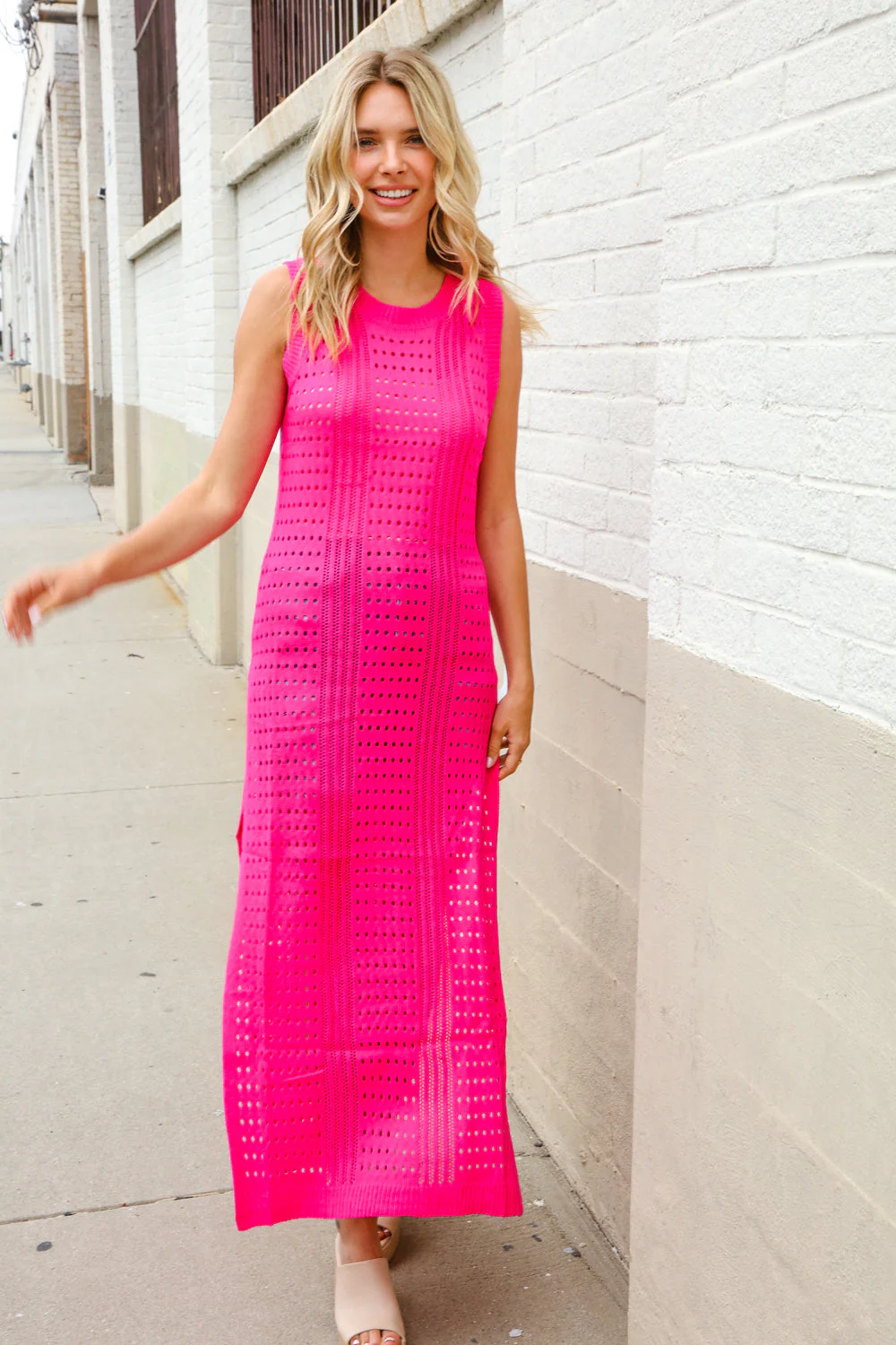 The Perfect Find Hot Pink Pointelle Sleeveless Side Slit Midi Coverup - Image 9