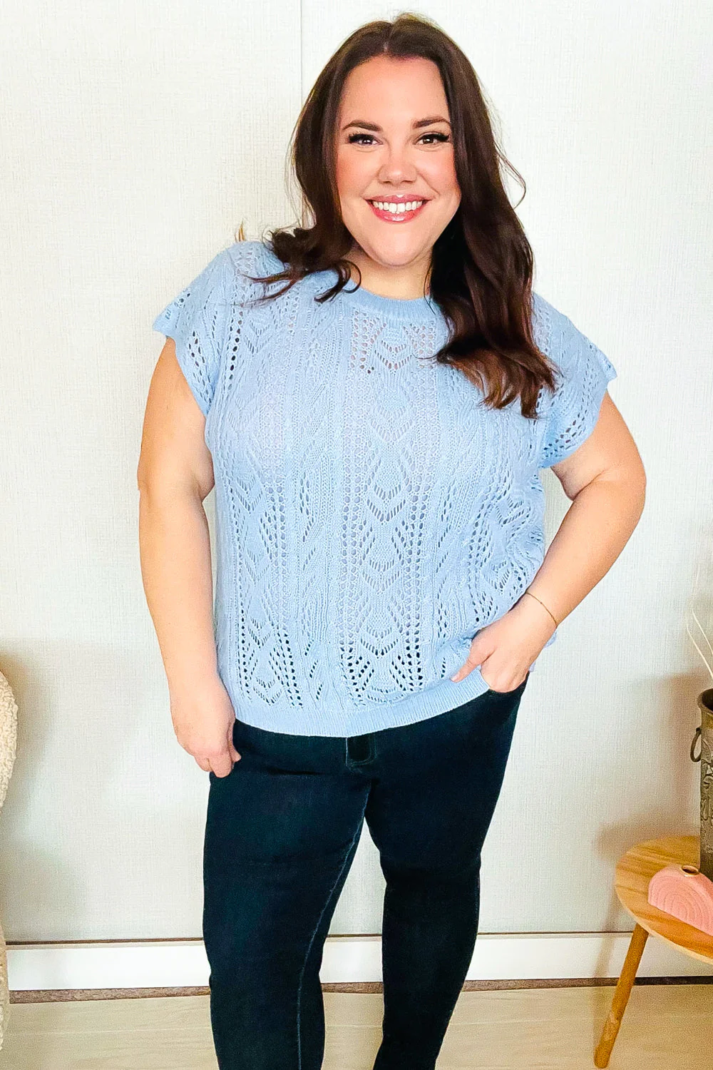 The Perfect Find Sky Blue Dolman Short Sleeve Crochet Sweater Top - Image 12