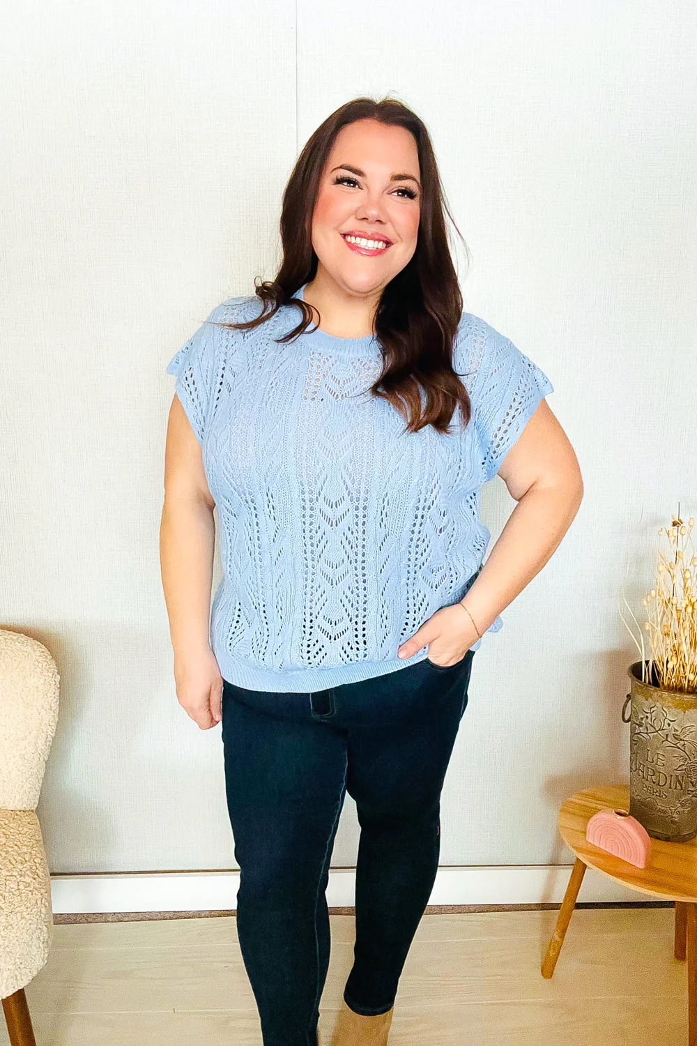 The Perfect Find Sky Blue Dolman Short Sleeve Crochet Sweater Top - Image 14