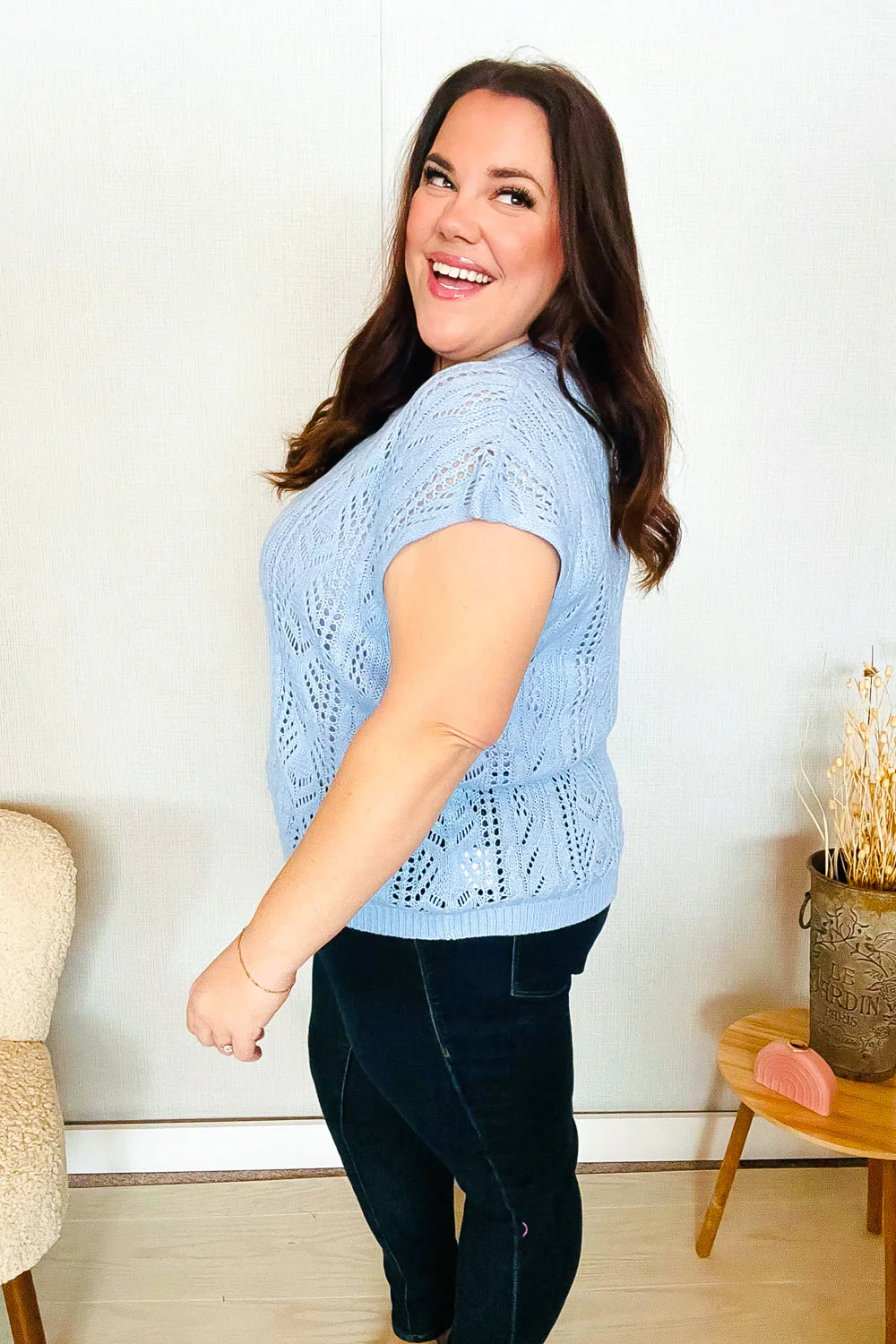 The Perfect Find Sky Blue Dolman Short Sleeve Crochet Sweater Top - Image 19