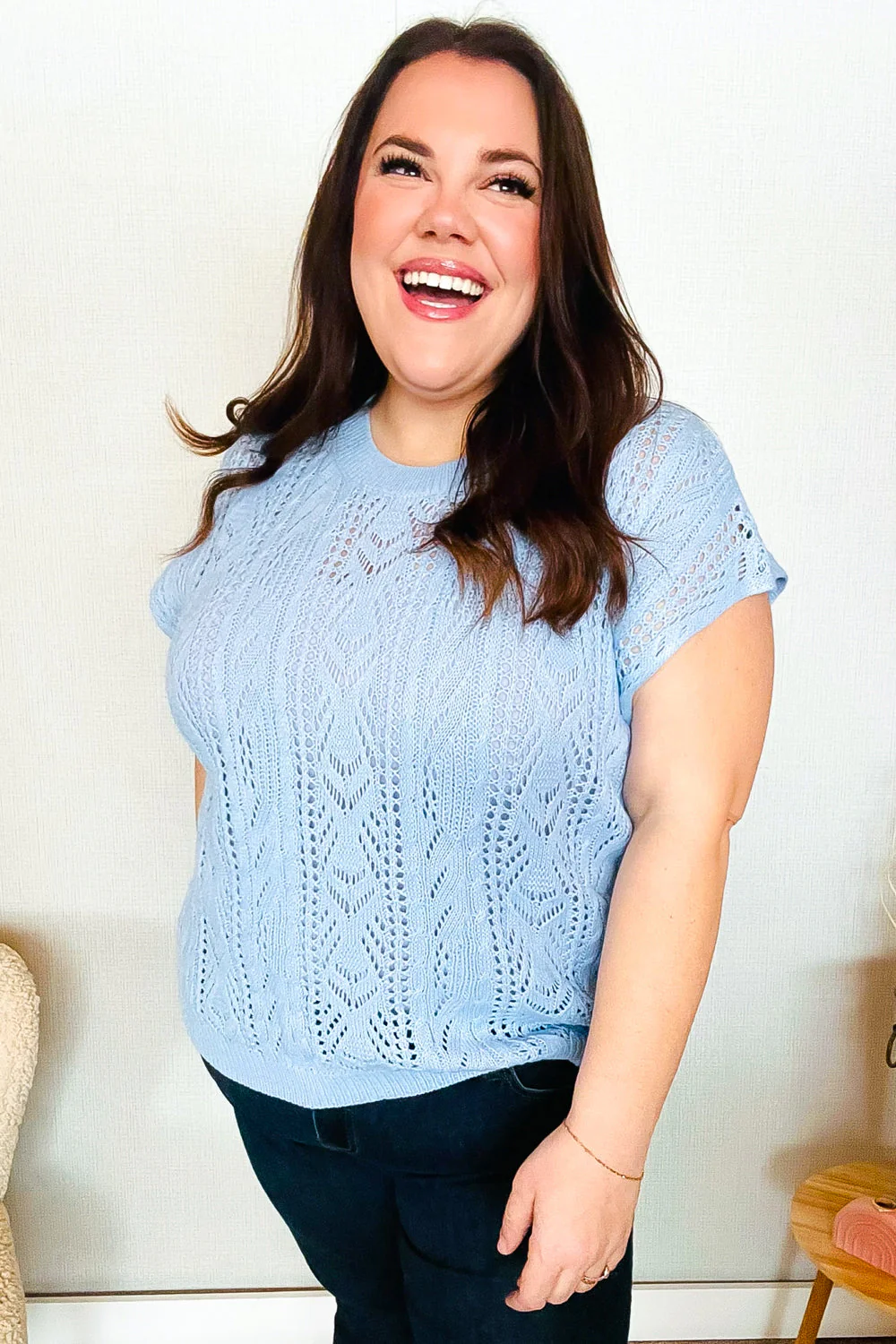 The Perfect Find Sky Blue Dolman Short Sleeve Crochet Sweater Top - Image 24