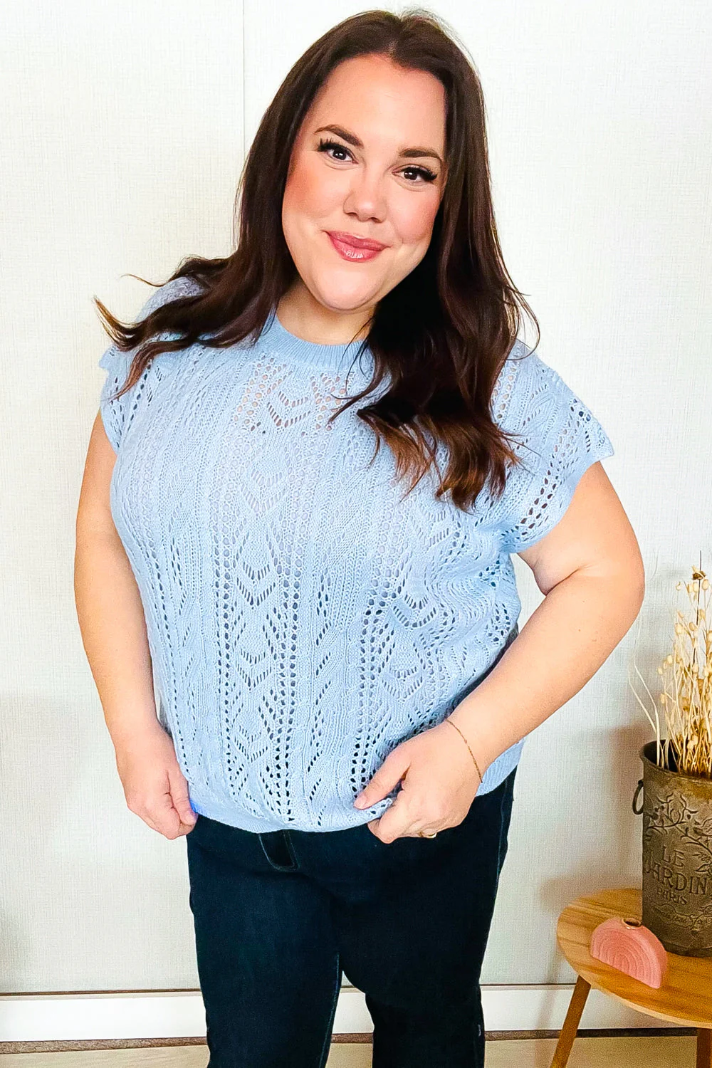 The Perfect Find Sky Blue Dolman Short Sleeve Crochet Sweater Top - Image 25