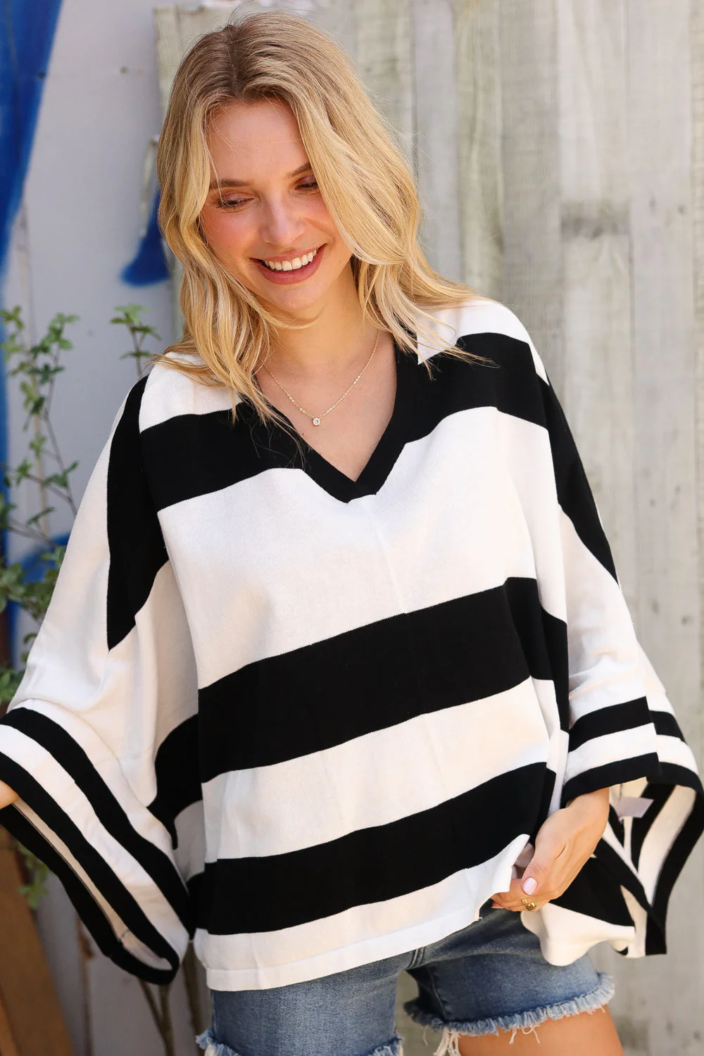 The Traveler Black/White Stripe Dolman Notch Neck Sweater Poncho - Image 3
