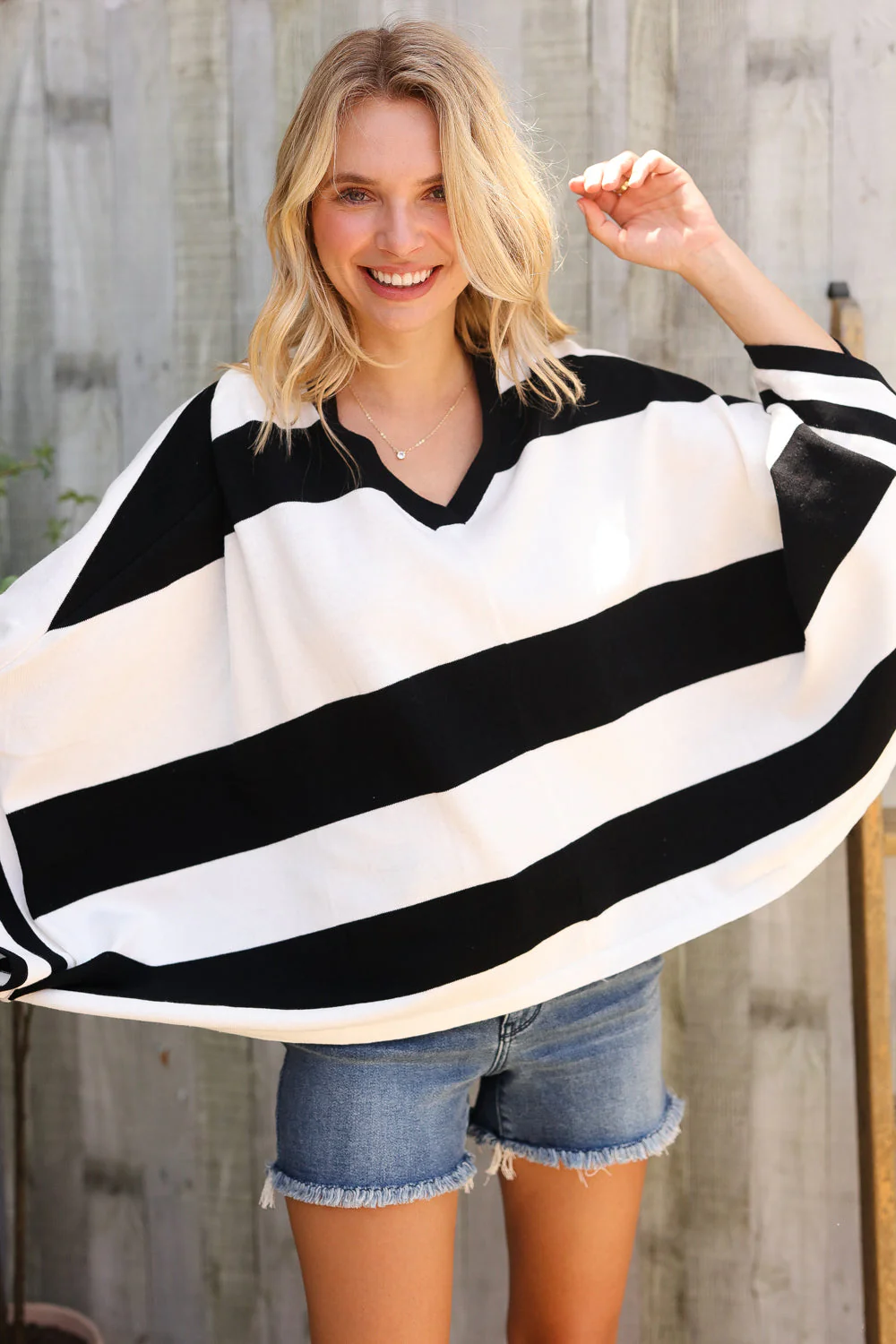 The Traveler Black/White Stripe Dolman Notch Neck Sweater Poncho - Image 4