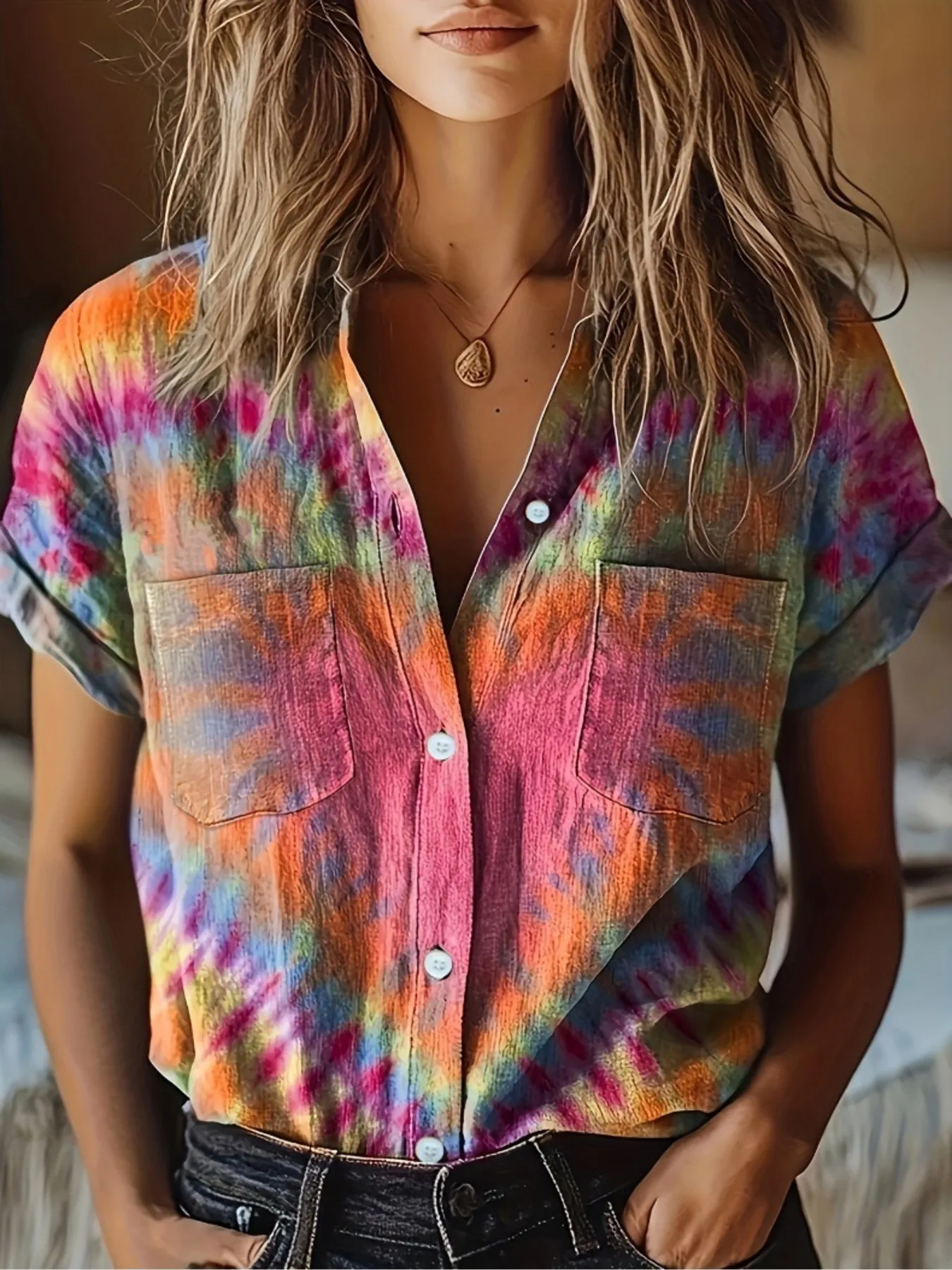 Tie-Dye Short Sleeve Button-Up Shirt - Image 2