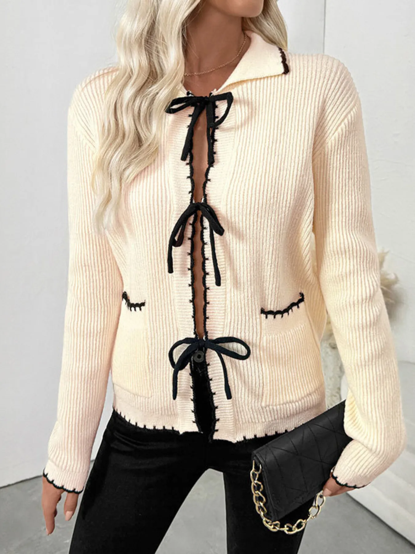 Tie Front Long Sleeve Cardigan - Image 3