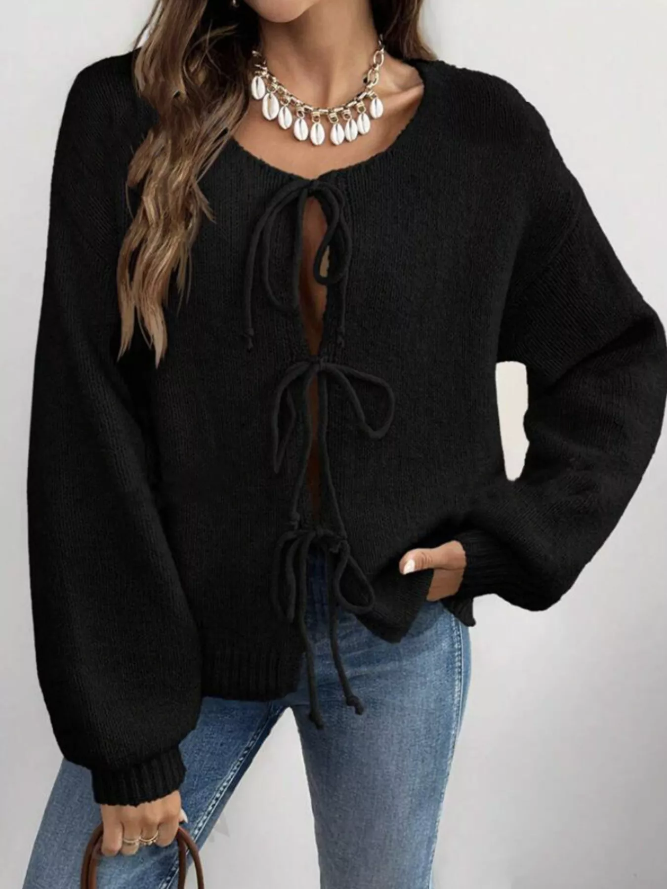 Tie-Front Long Sleeve Cardigan - Image 2