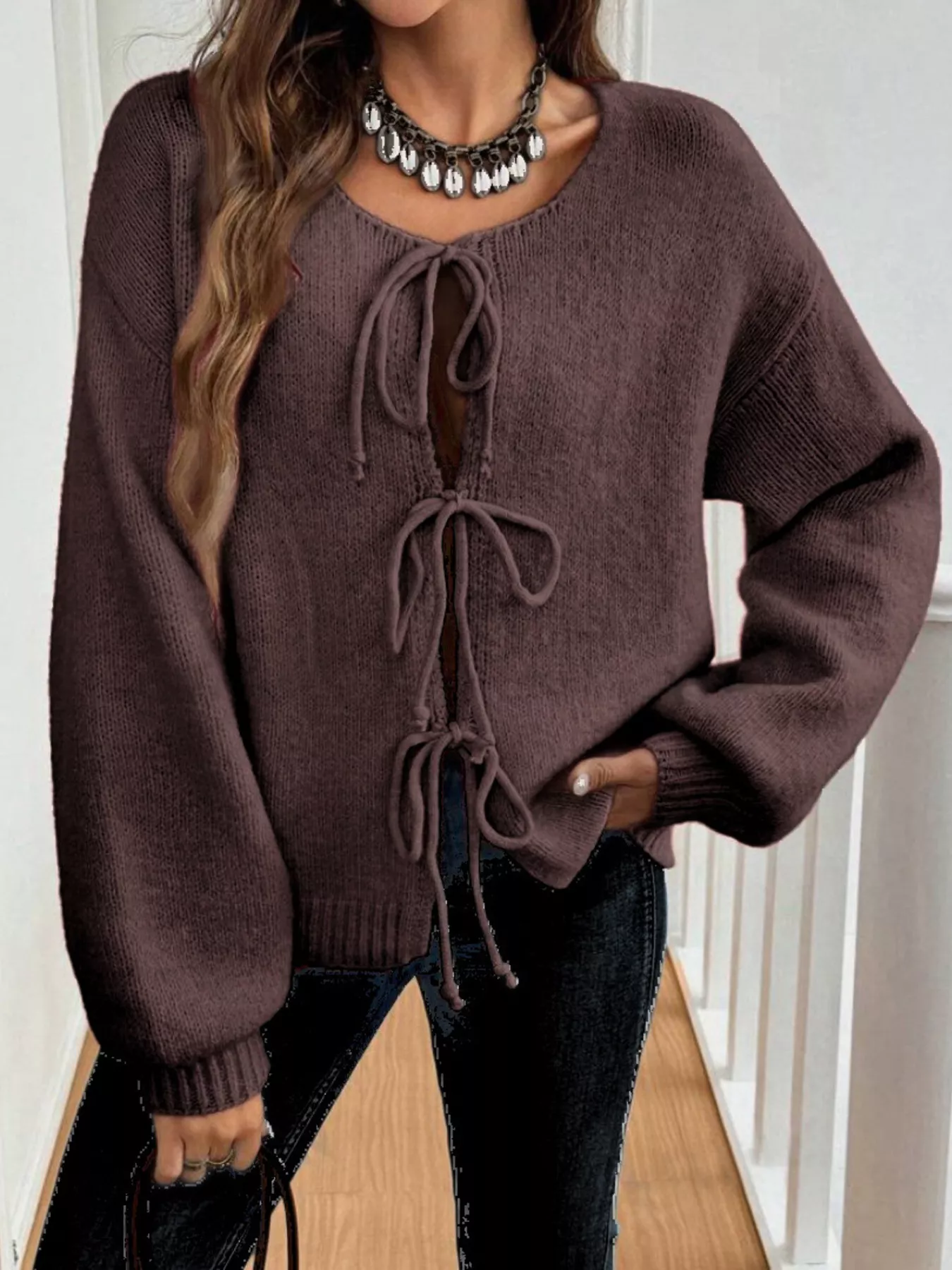 Tie-Front Long Sleeve Cardigan - Image 6