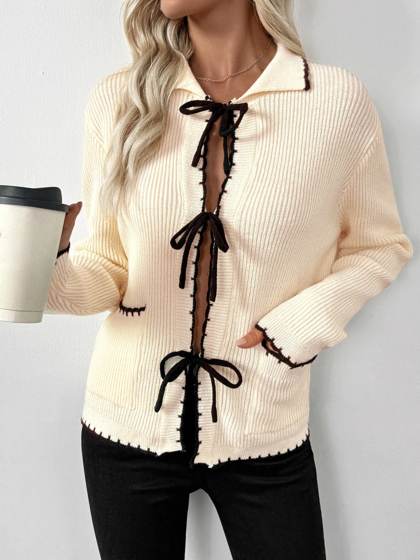 Tie Front Long Sleeve Cardigan - Image 5