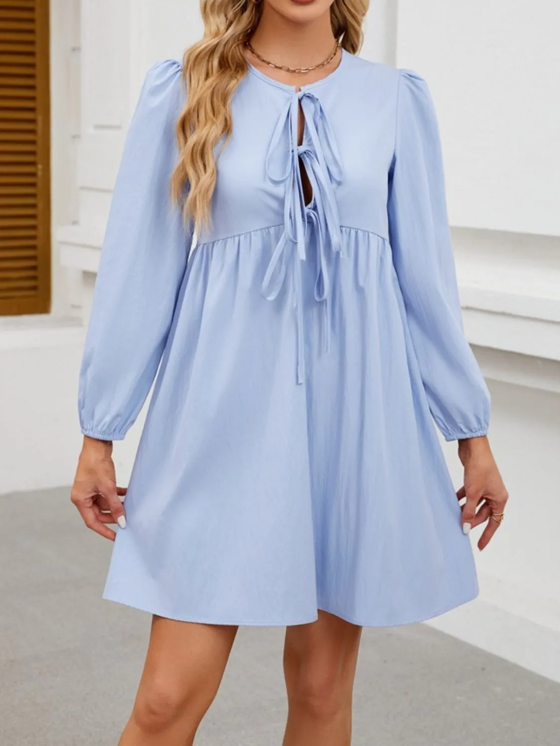 Tie Front Long Sleeve Mini Dress - Image 3