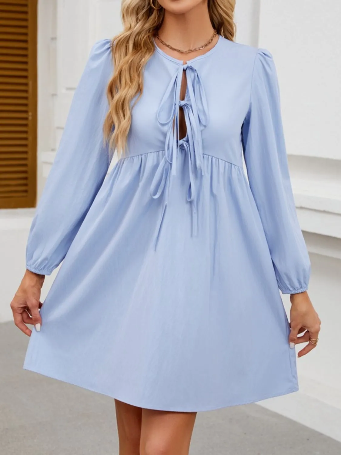 Tie Front Long Sleeve Mini Dress - Image 4