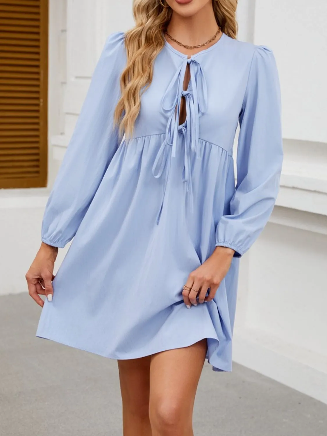 Tie Front Long Sleeve Mini Dress - Image 5