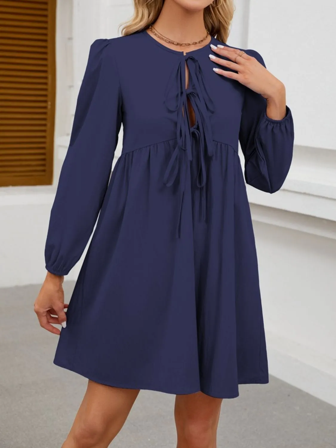 Tie Front Long Sleeve Mini Dress - Image 7