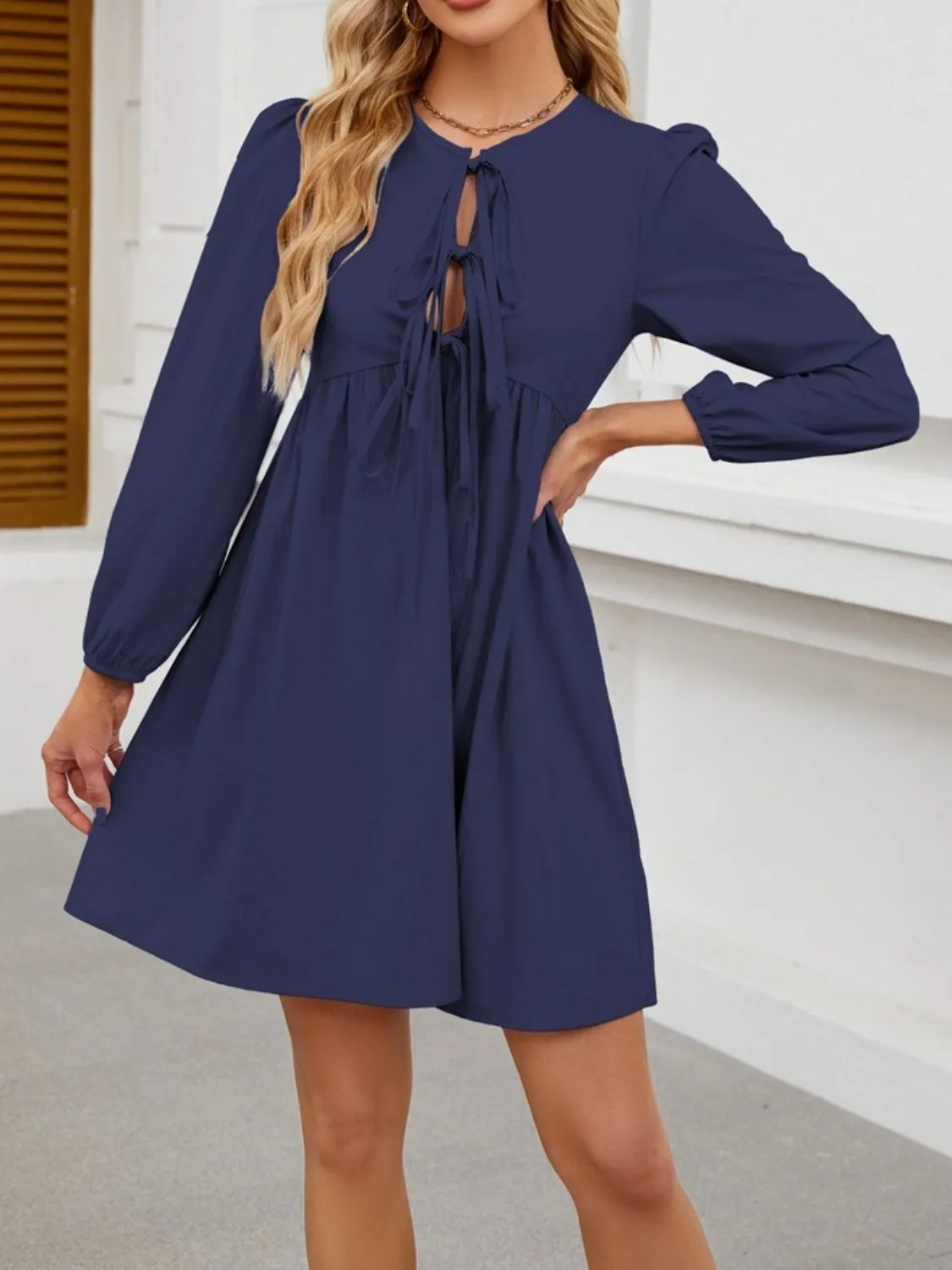 Tie Front Long Sleeve Mini Dress - Image 8
