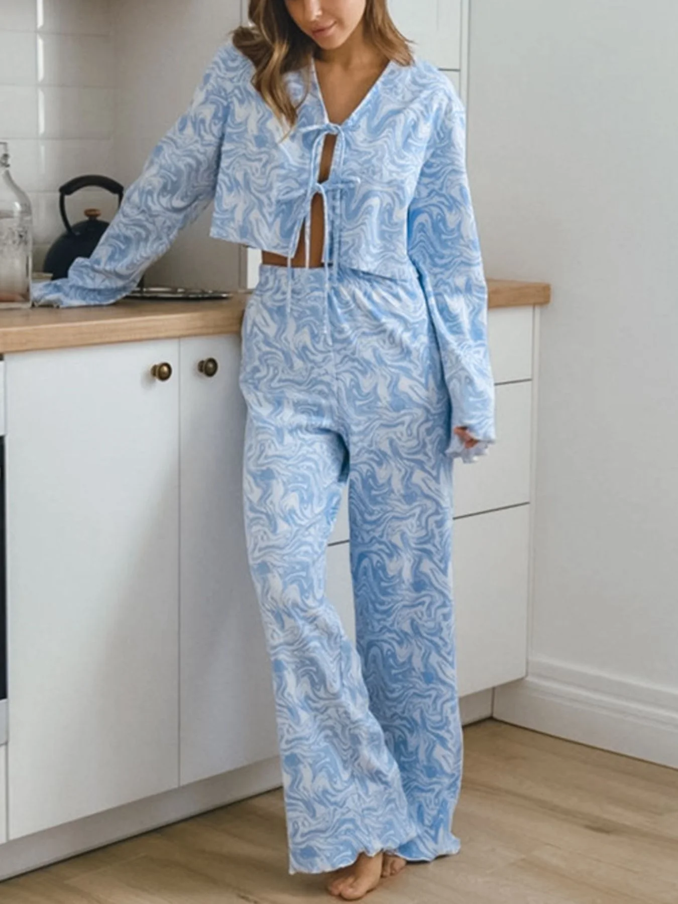 Tie Front Long Sleeve Top and Pants Lounge Set