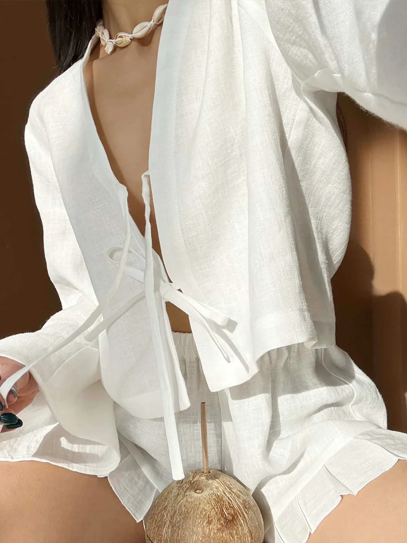 Tie Front Long Sleeve Top and Shorts Set - Image 7