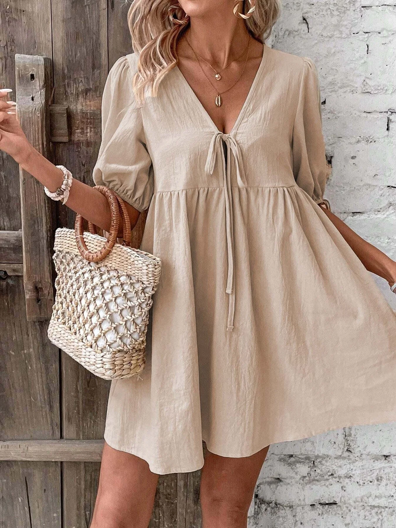 Tie Front Puff Sleeve Mini Dress - Image 3