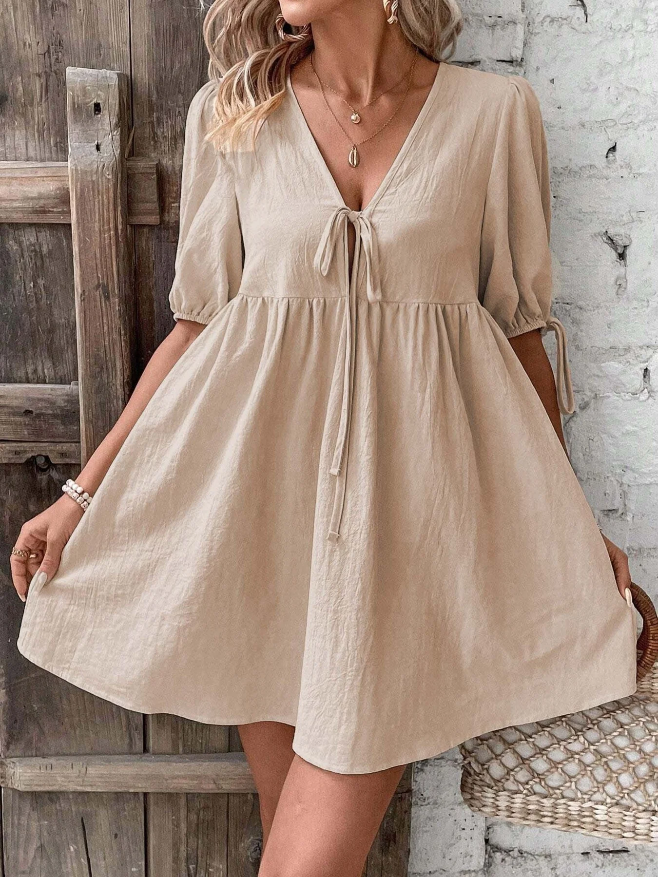 Tie Front Puff Sleeve Mini Dress - Image 5