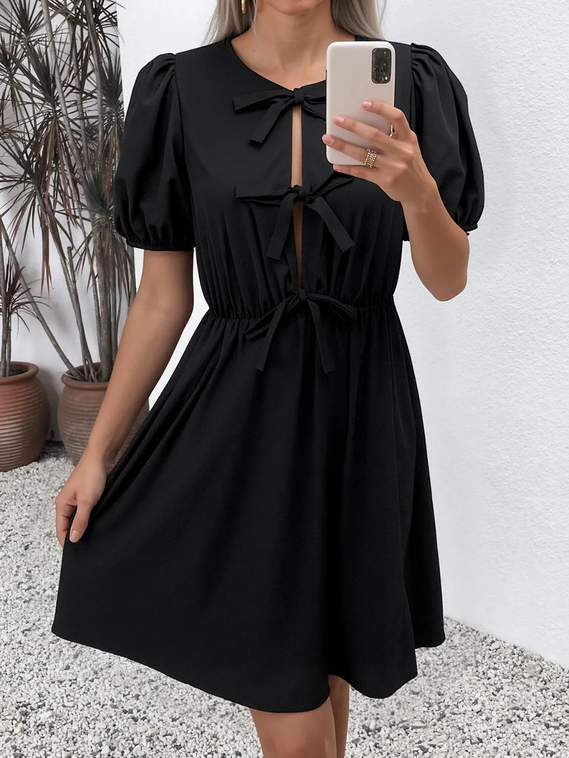 Tie Front Puff Sleeve Mini Dress - Image 2