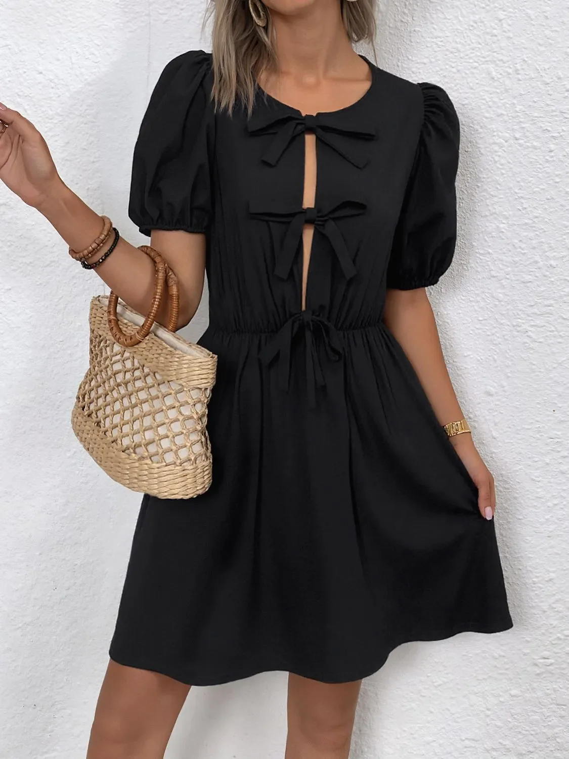 Tie Front Puff Sleeve Mini Dress - Image 3