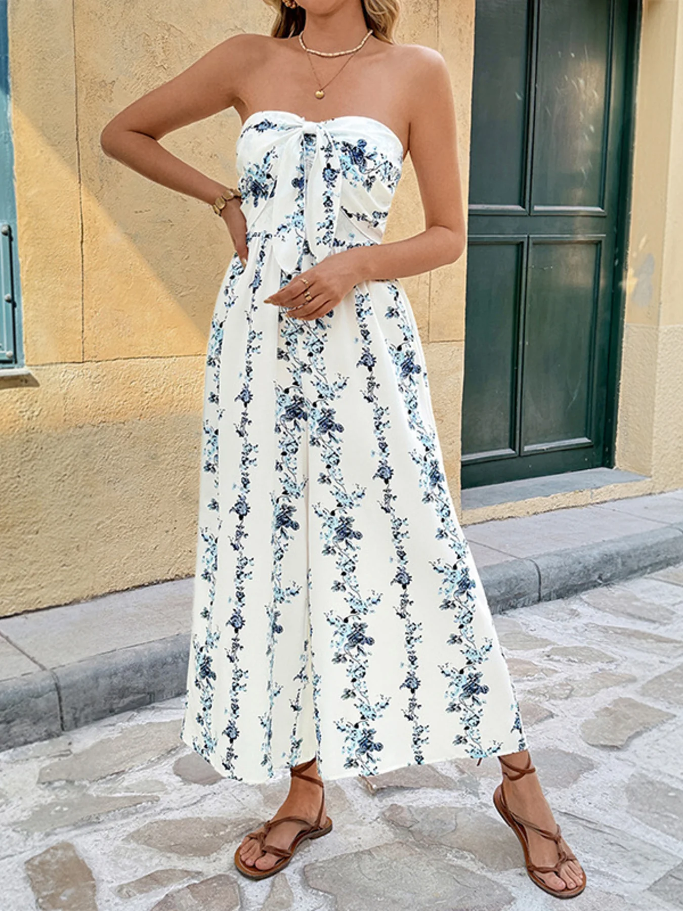 Tie Front Strapless Wide Leg Jumpsuit - Image 3