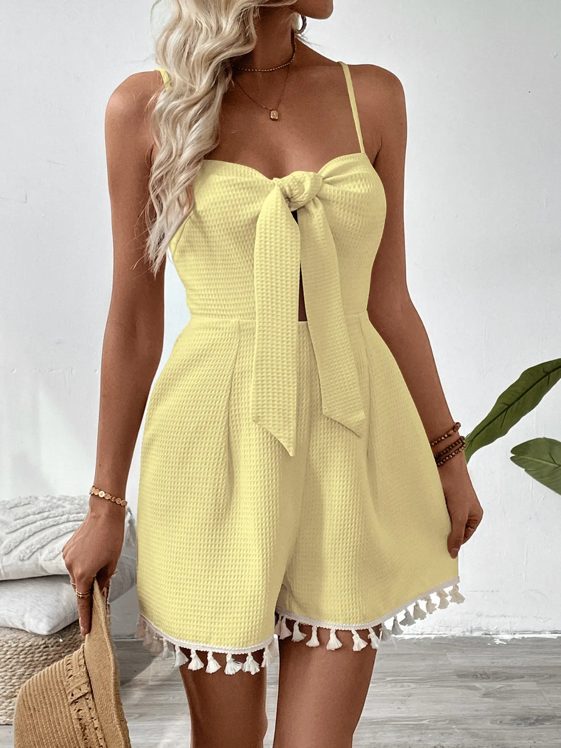Tie-Front Textured Romper with Tassel Hem - Image 4