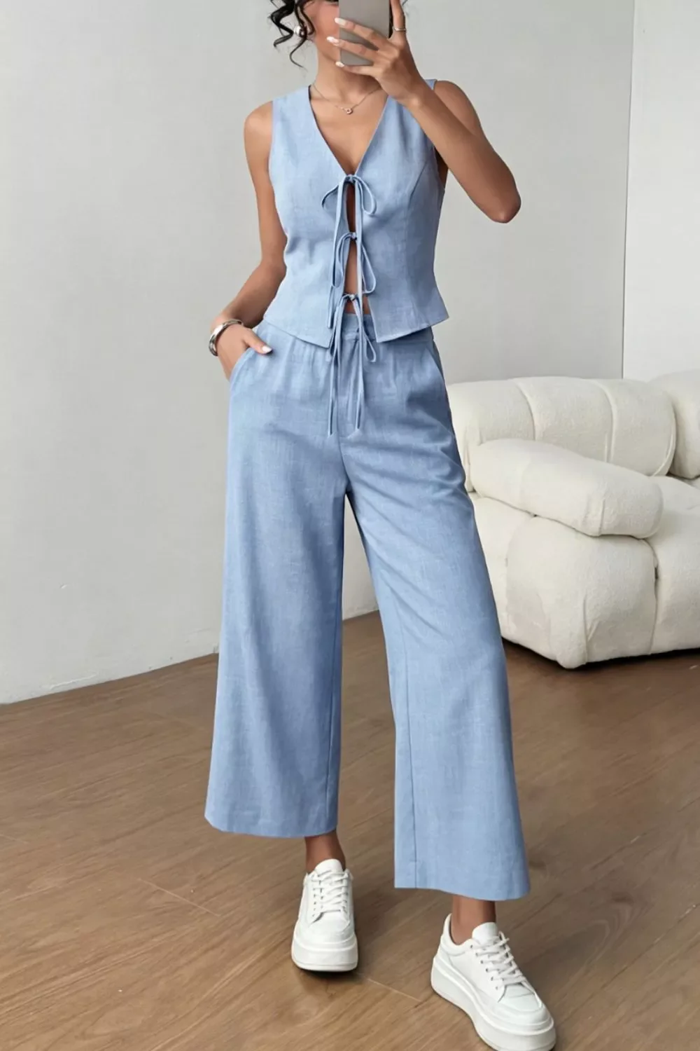 Tie Front Vest and Wide Leg Pants Set - Image 3