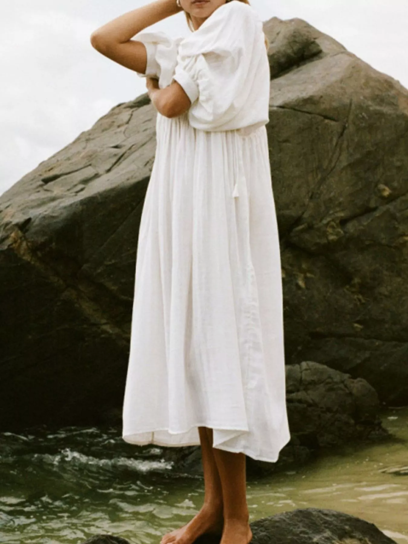 Tie Neck 3/4 Sleeve Midi Dress - Image 6