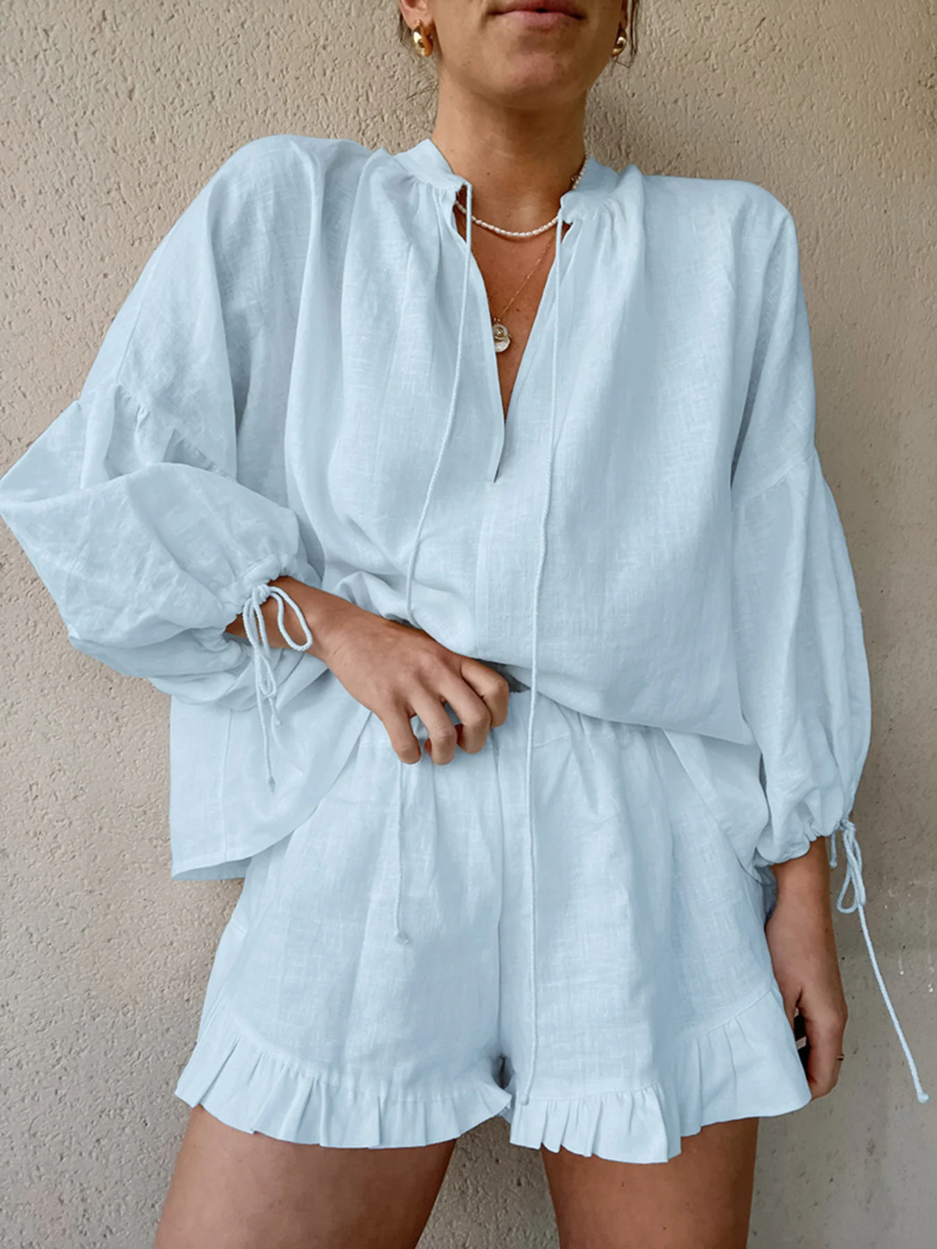 Tie Neck Balloon Sleeve Blouse and Shorts Set - Image 14