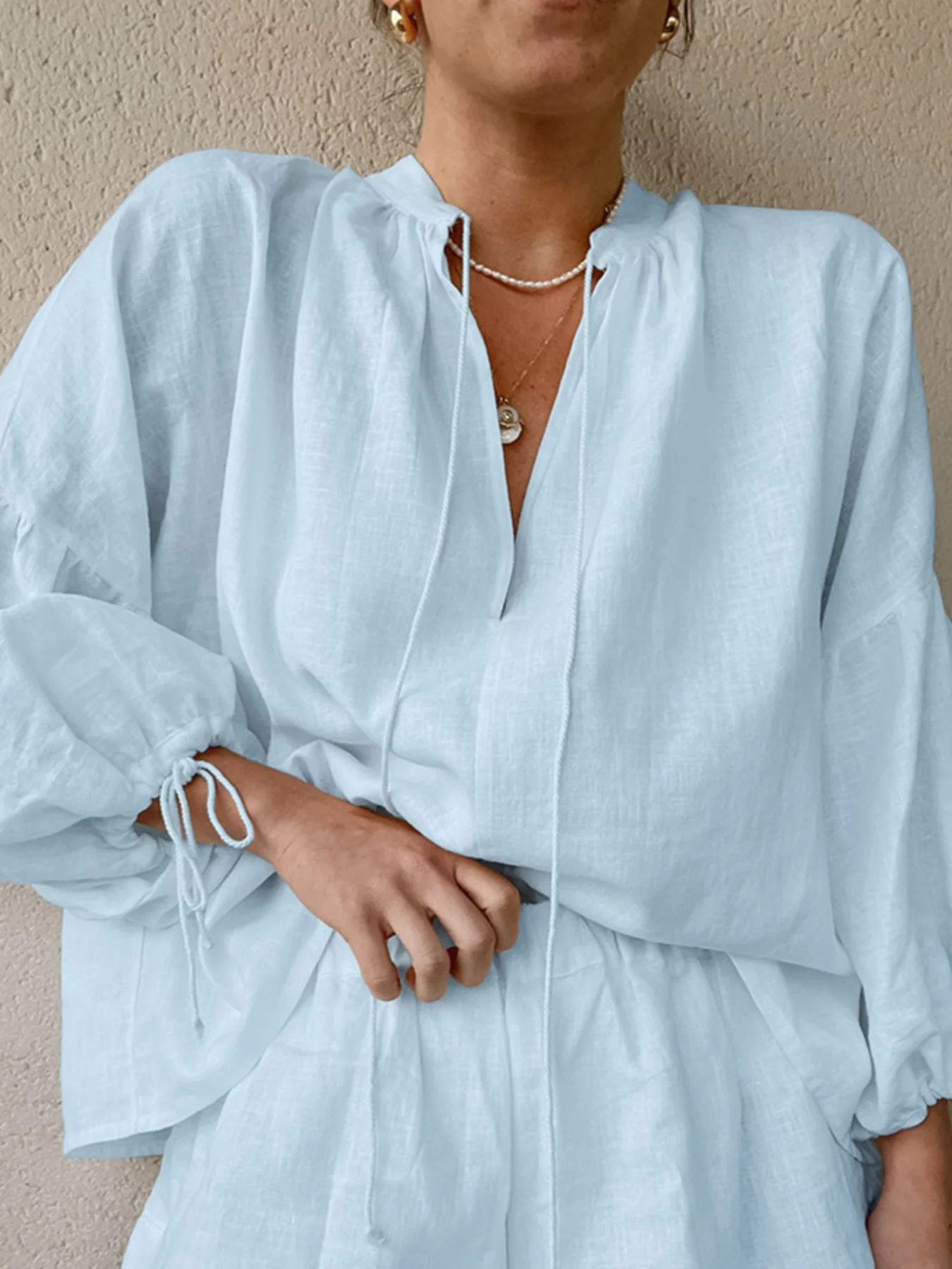 Tie Neck Balloon Sleeve Blouse and Shorts Set - Image 15