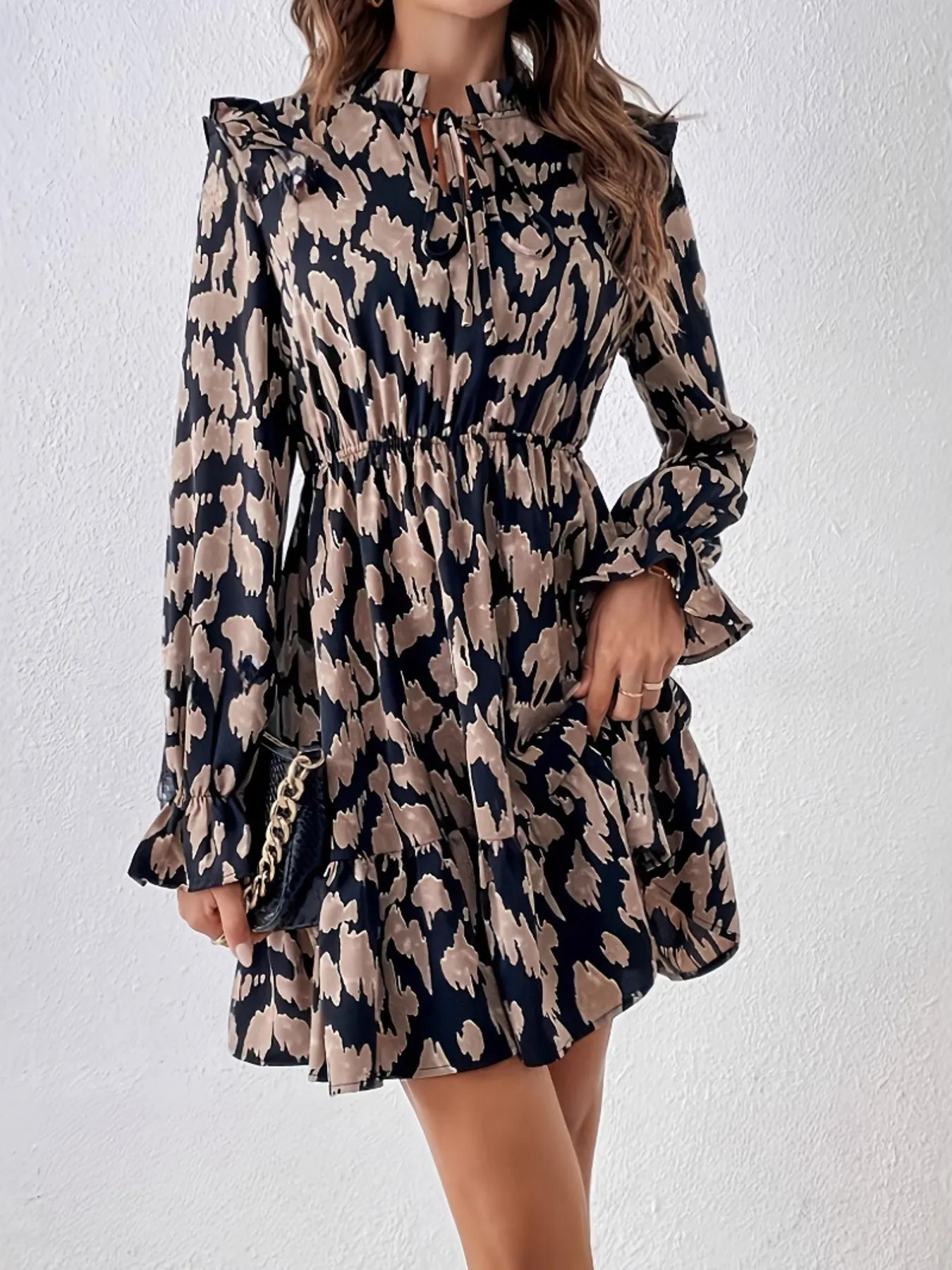 Tie Neck Flounce Sleeve Dress - Image 4