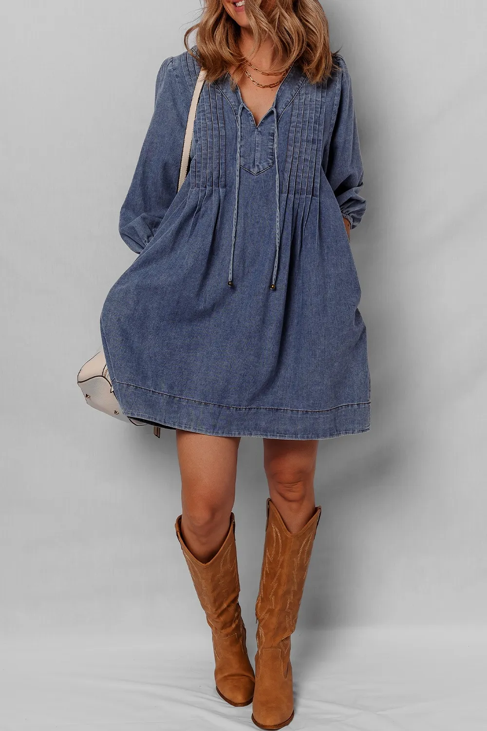 Tie Neck Long Sleeve Mini Denim Dress - Image 2