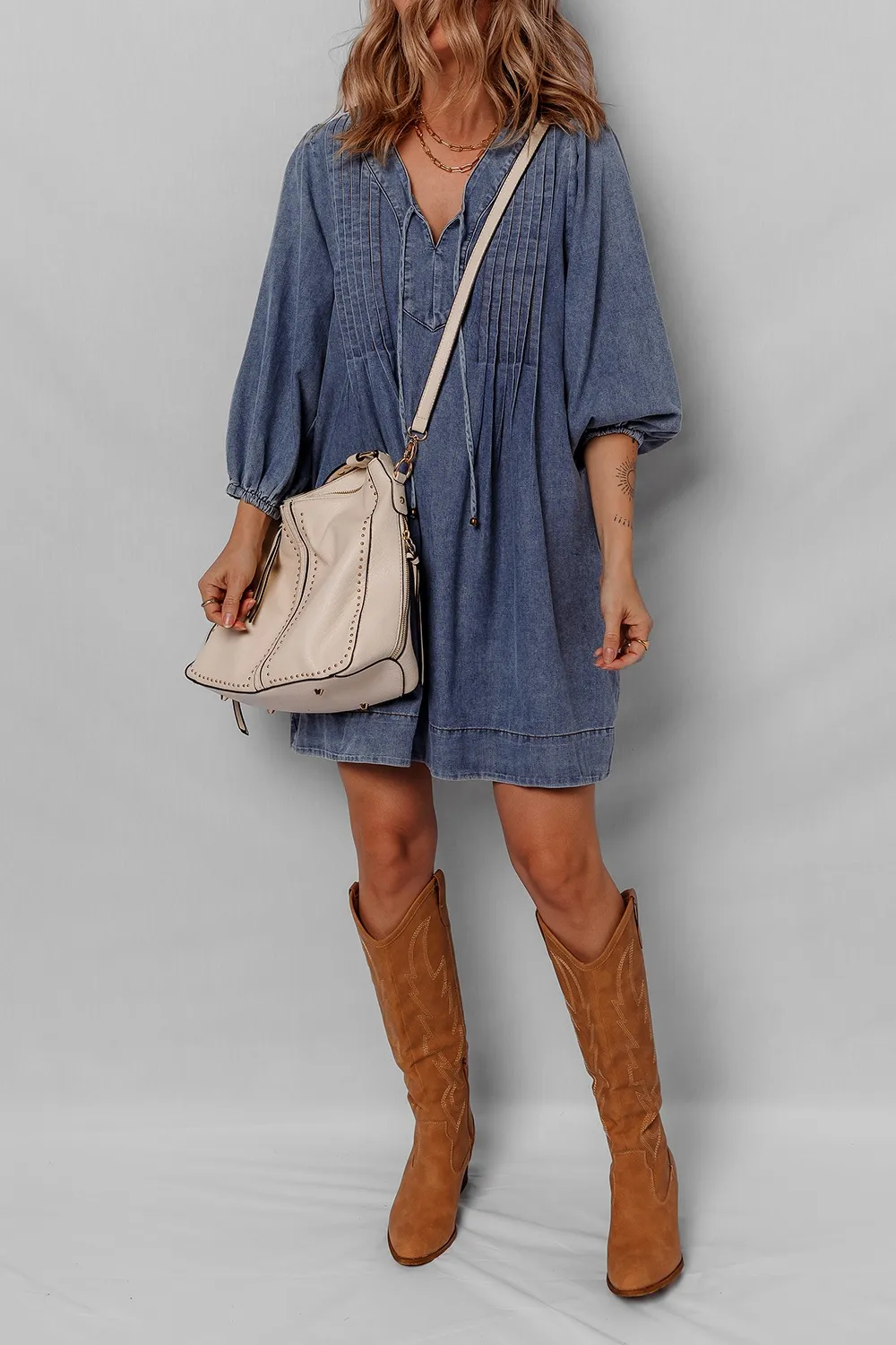 Tie Neck Long Sleeve Mini Denim Dress - Image 4