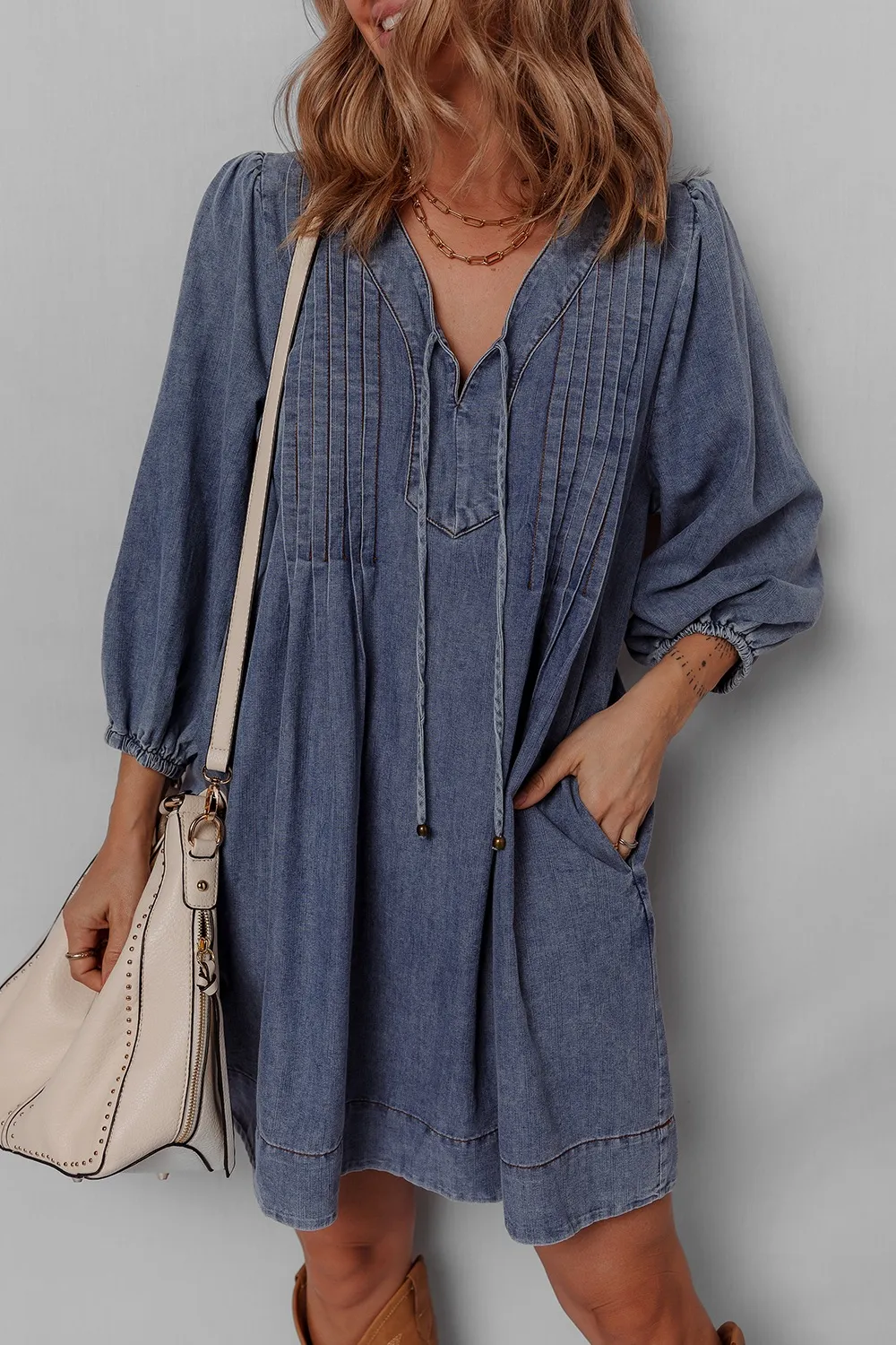 Tie Neck Long Sleeve Mini Denim Dress - Image 6