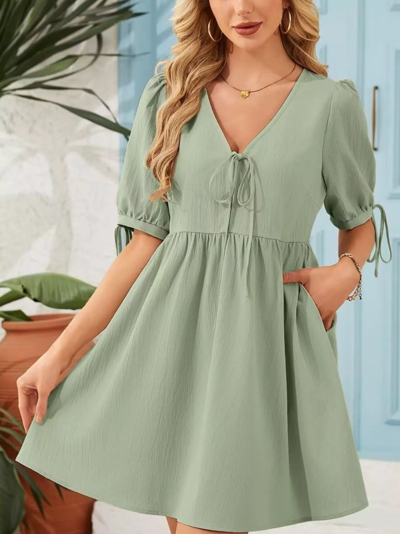 Tie-Neck Puff Sleeve A-Line Mini Dress - Image 9