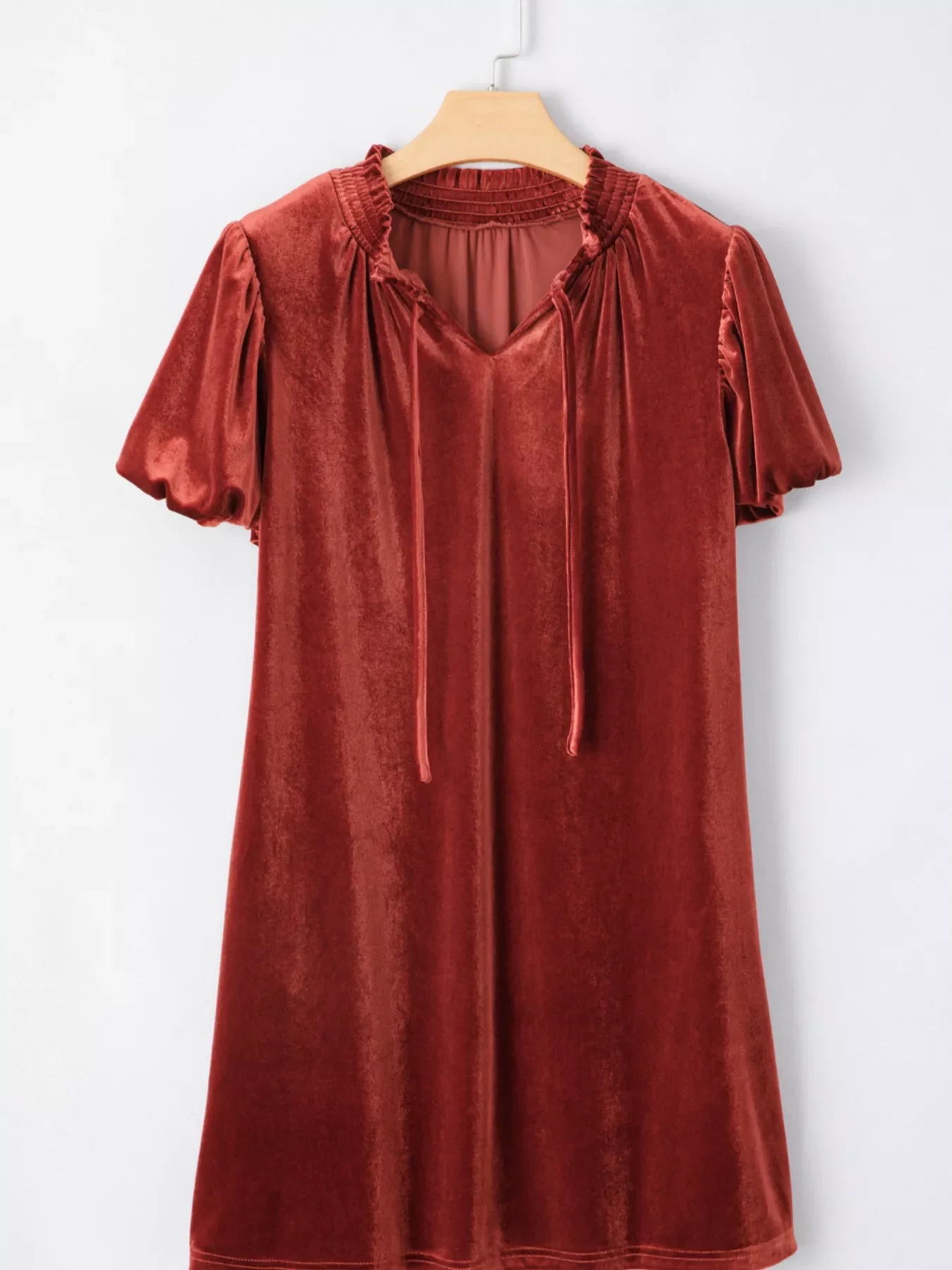 Tie Neck Puff Sleeve Velvet Dress - Image 8