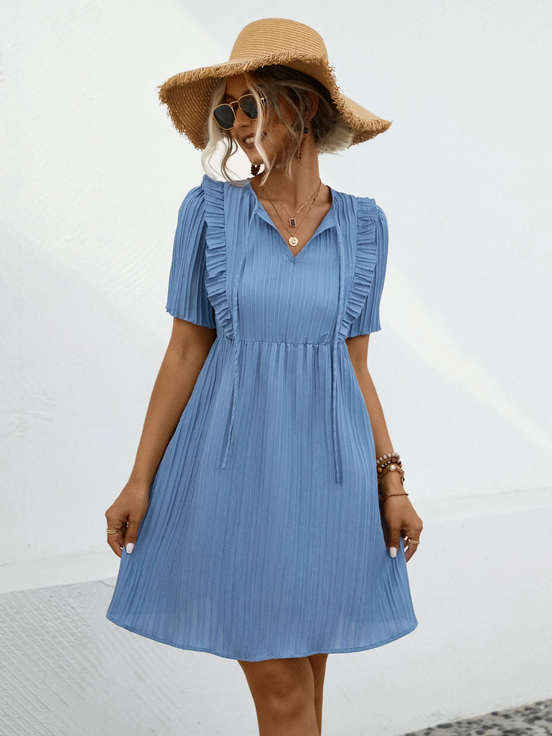 Tie Neck Short Sleeve Mini Dress - Image 3