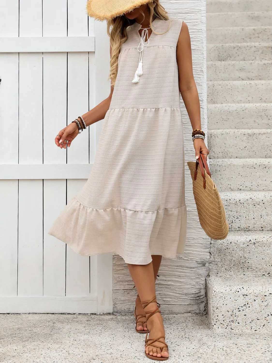Tie Neck Sleeveless Ruffled Hem Dress - Image 4