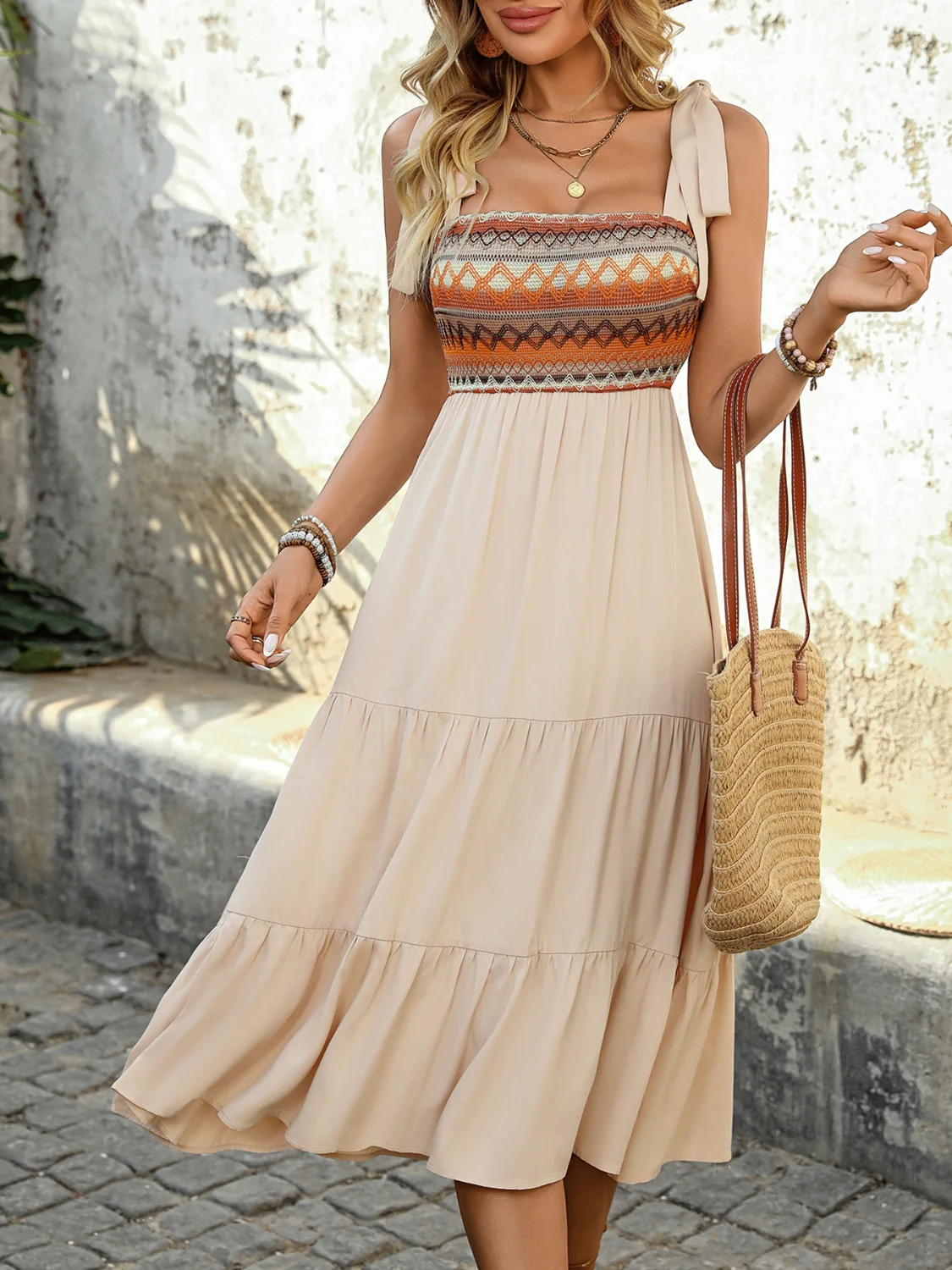 Tie Shoulder Square Neck Tiered Midi Dress - Image 8
