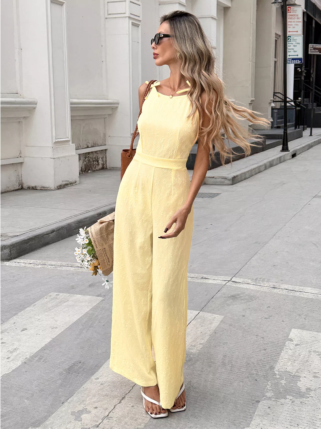 Tie Strap Textured Wide Leg Jumpsuit - Image 4