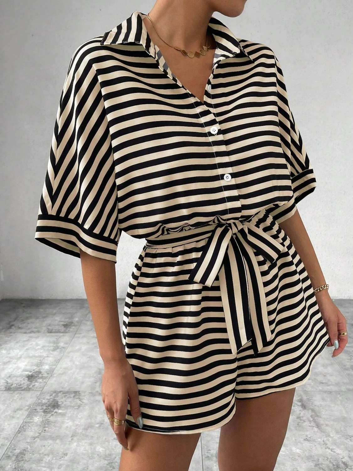 Tie Waist Half Button Striped Romper - Image 22
