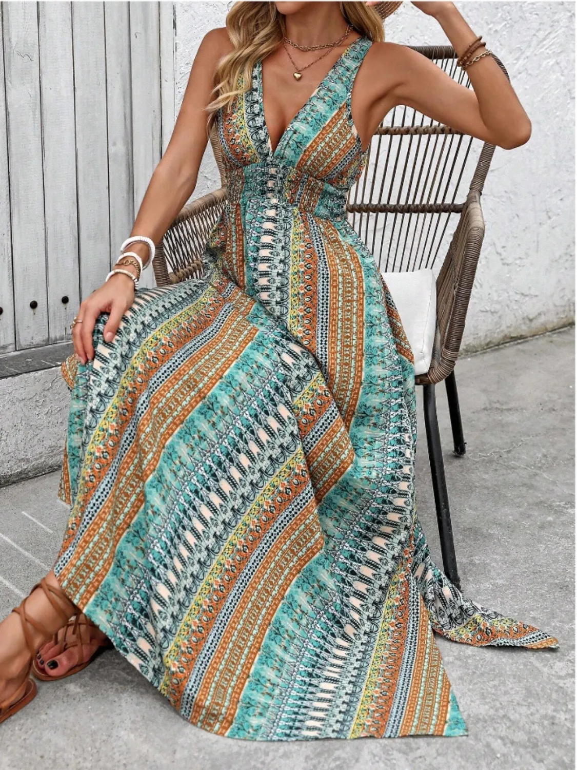 Tied Back Printed Sleeveless Maxi Slit Dress - Image 7