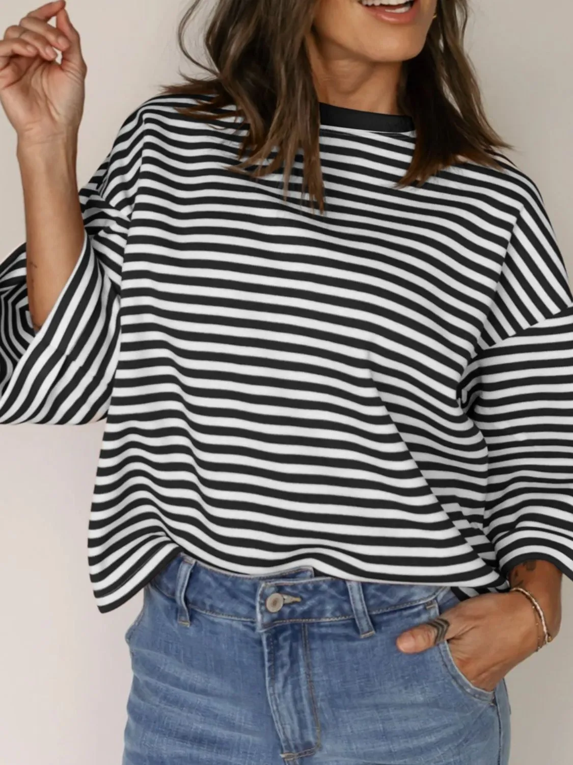 Tied Back Striped Round Neck Blouse - Image 3