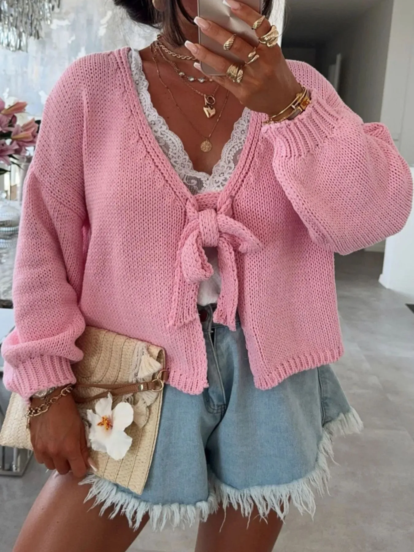 Tied Drop Shoulder Cardigan - Image 15