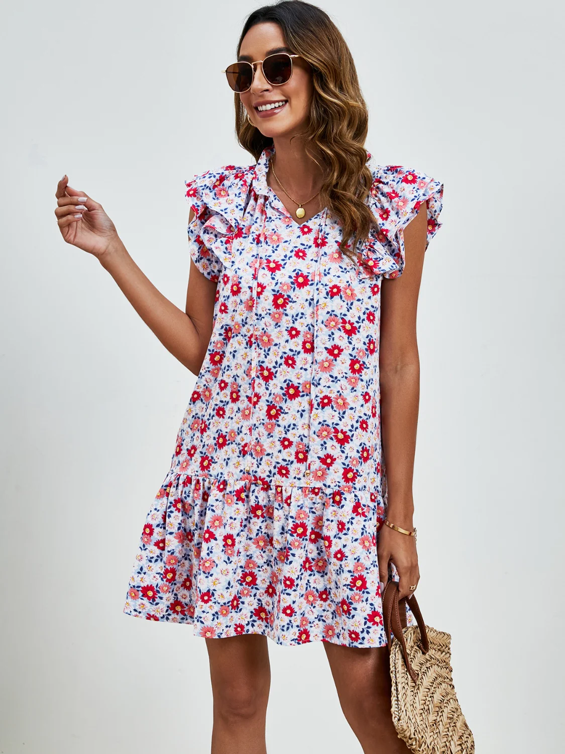 Tied Floral Cap Sleeve Mini Dress - Image 6