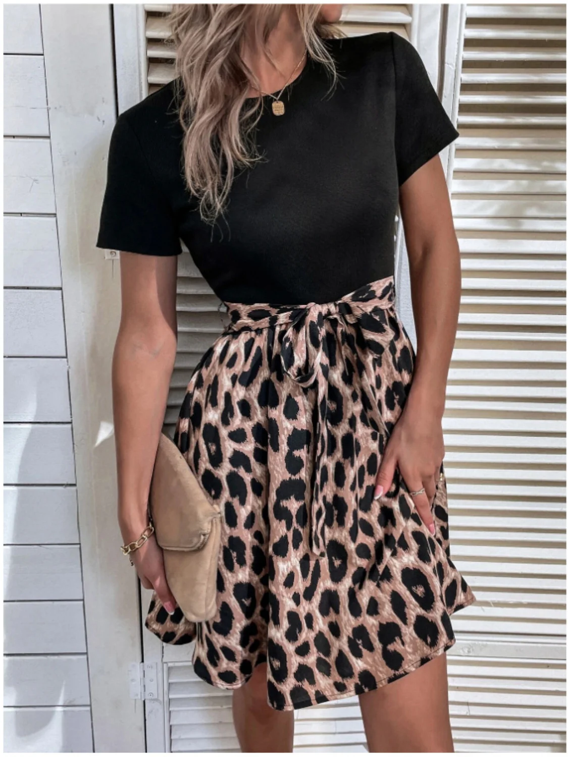 Tied Front Contrast Leopard Short Sleeve Mini Dress - Image 10