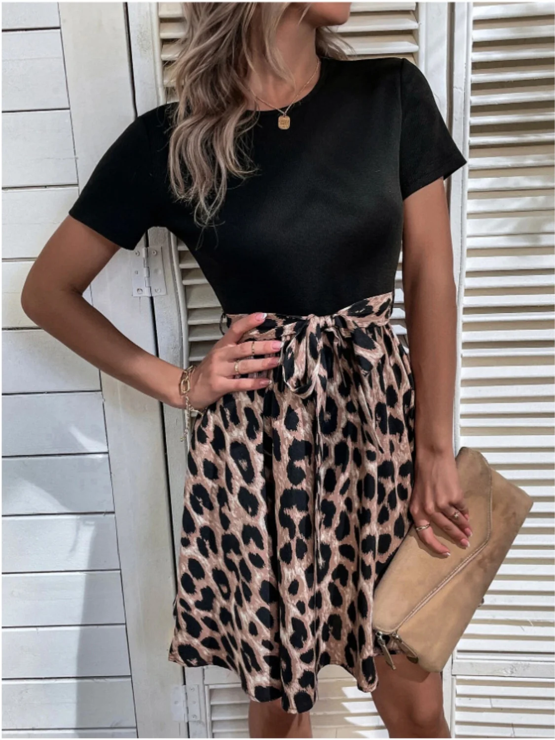 Tied Front Contrast Leopard Short Sleeve Mini Dress - Image 11