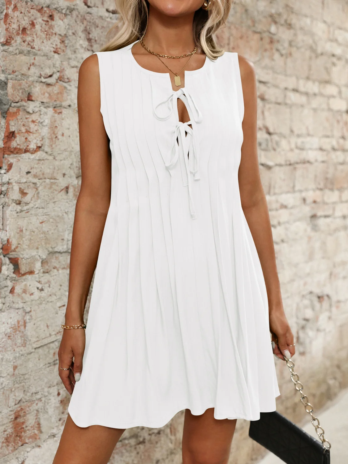 Tied Front Pleated Sleeveless Mini Dress - Image 23