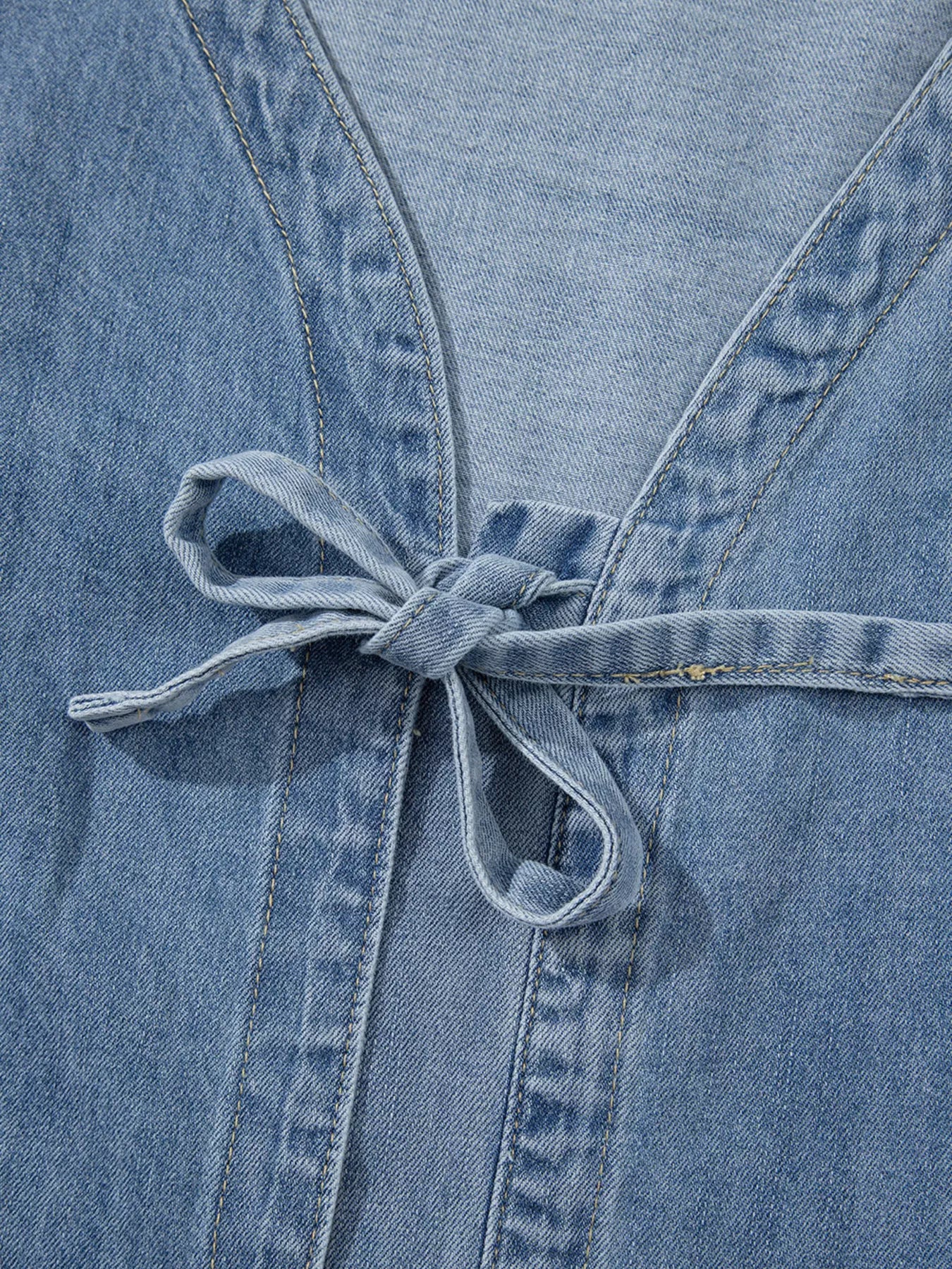 Tied Front Puff Sleeve Denim Top - Image 10